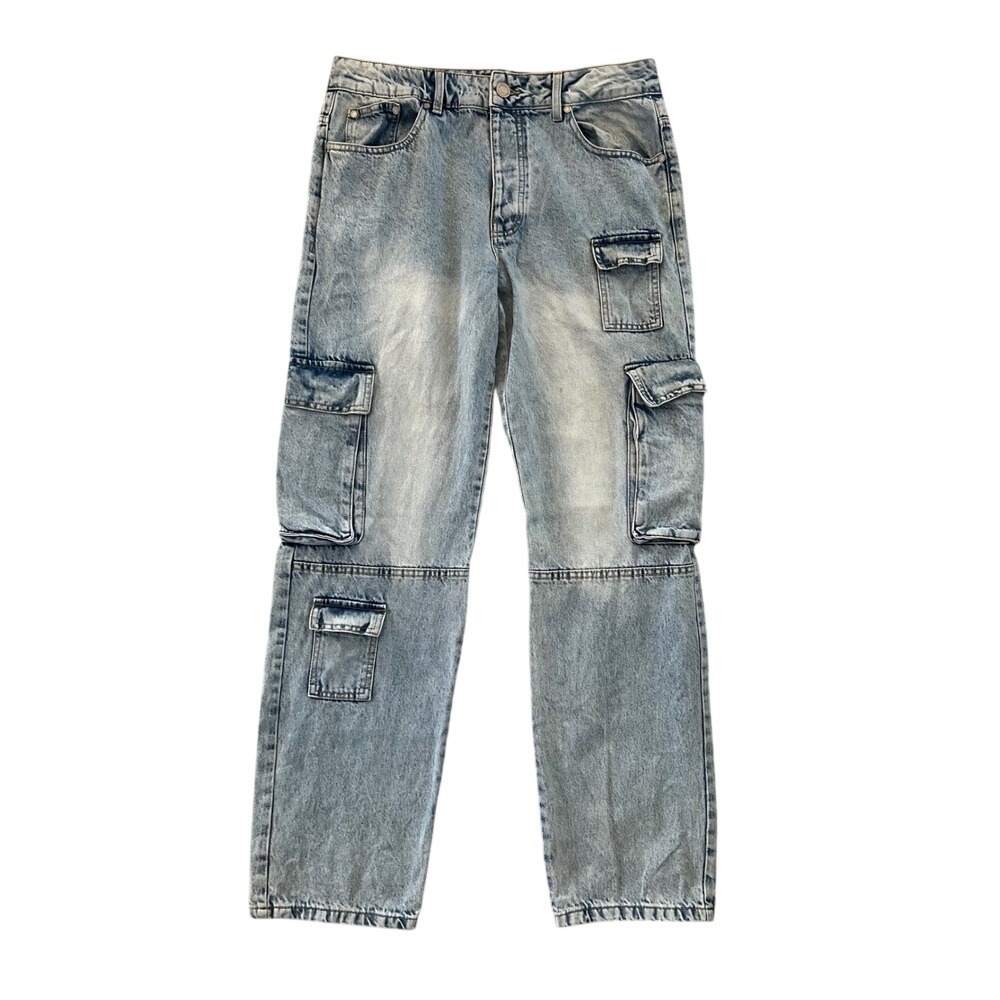 BoohooMAN Mens Light Wash Denim Cargo Jeans Multi Pocket Streetwear Blue US 34